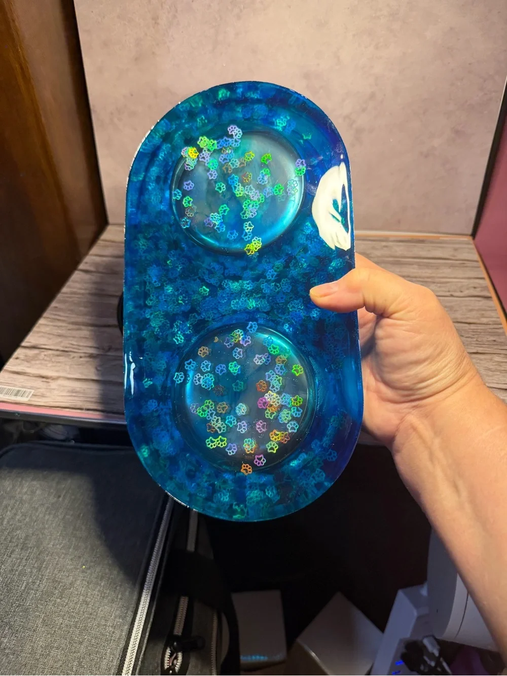 Double Stainless Steel Pet Bowl with Multicolor Sequin Resin Base